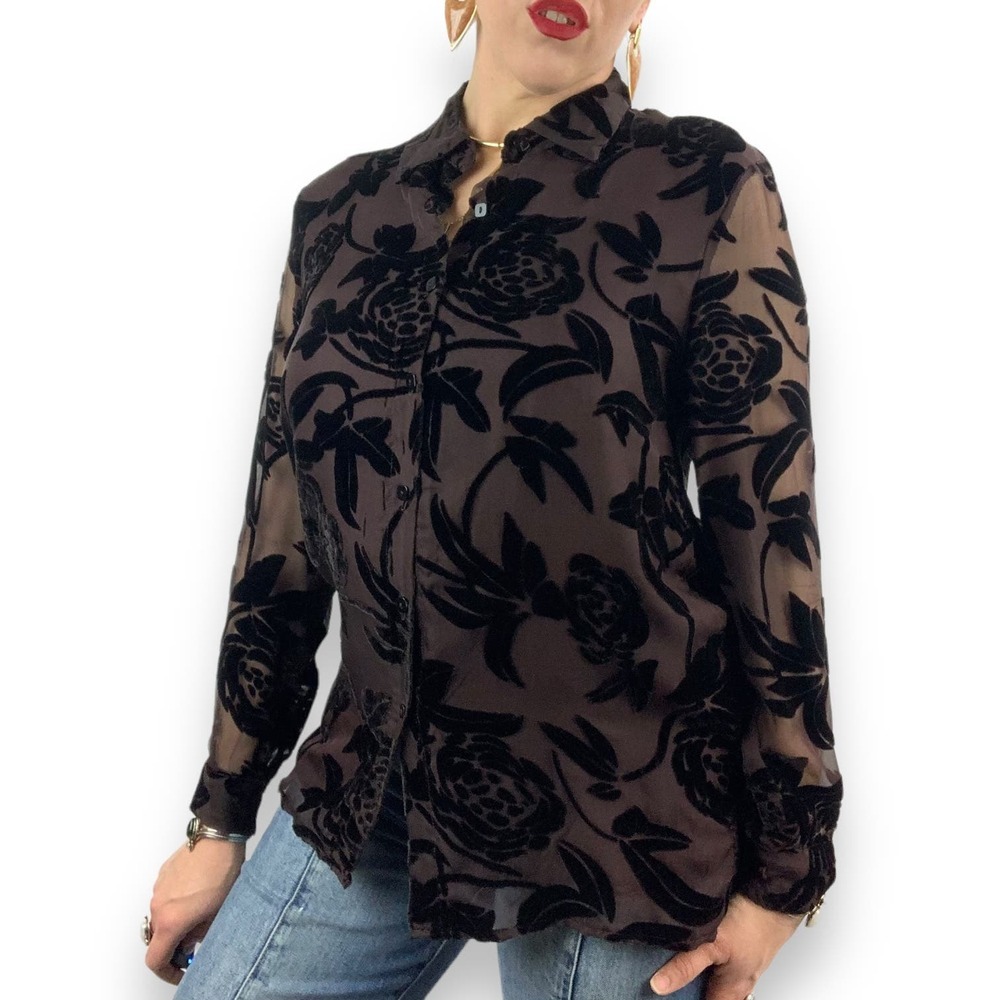 90's brown silk button down blouse with black velvet roses and sheer sleeves - Picture 8 of 16